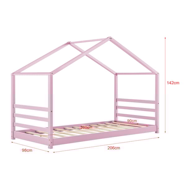 [en.casa]® Barn sängstomme Vardø i "Hus" utförande inkl. ribbotten-200x98x142cm-furu-rosa-bäddmått:200x90cm