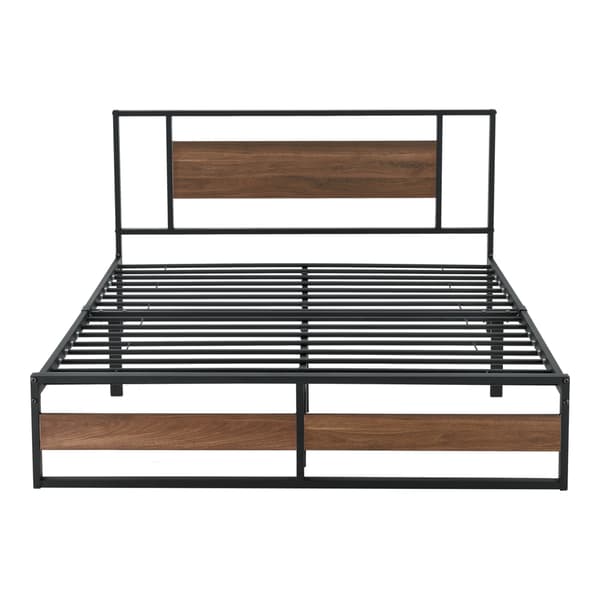 [en.casa]® Sängstomme Villach i metall-200x140cm-svart matt-pulverlackerat stål-spånskiva-träfärgade detaljer