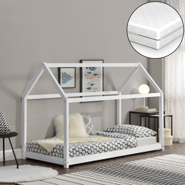 [en.casa]® Barnsäng "Hus" inkl. madrass och ribbotten-146x78x127cm-furu-vit-Bäddmått: 140x70cm-max. belastning: 50 kg