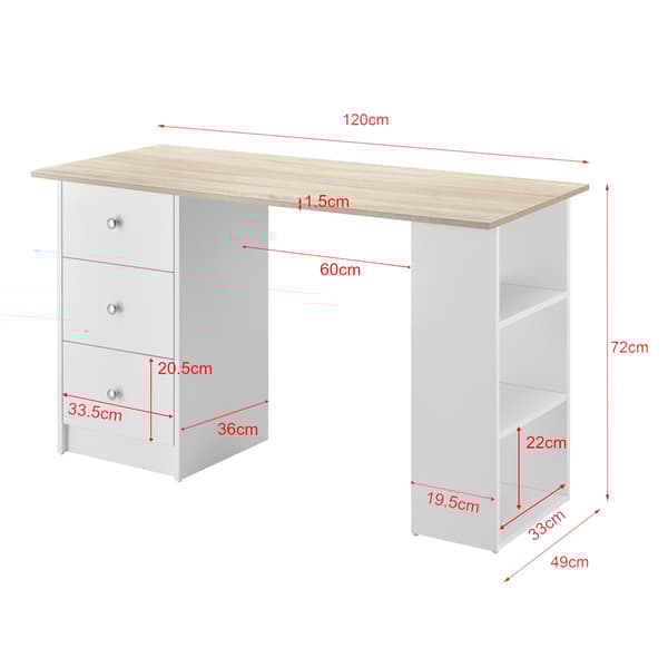 [en.casa]® Skrivebord Lemberg - 120x49x72cm - melaminbelagt spånplade - med skuffer og hylder - hvid/eg