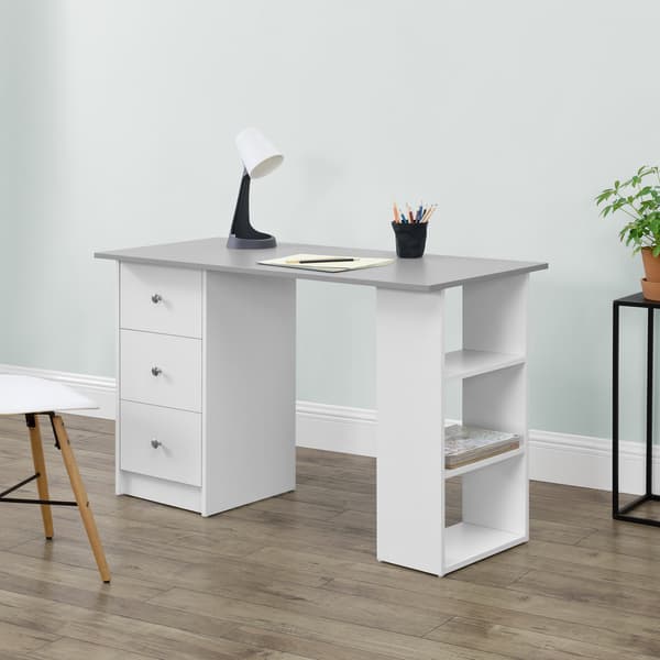 [en.casa]® Skrivbord Lemberg-120x49x72cm-vit-ljusgrå-melaminbelagd spånskiva-med lådor och hyllor