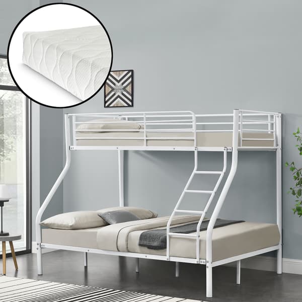 [neu.haus]® Våningssängstomme i metall inkl. madrasser-210x147,5x168cm-plats för 3-med stege-vit
