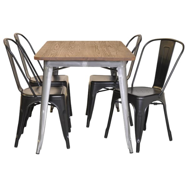 Spisestue gruppeark galvaniseret France bord med topplade i alm og 4 mat sort About France stole