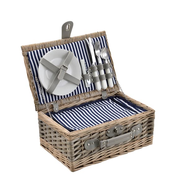 [casa.pro]® Picknickkorg-med integrerat kylbox, tallrikar, bestick-set för 2 personer-Blå/Vit-38x25x16cm