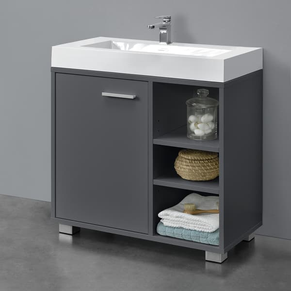 [en.casa]® Tvättställsunderskåp Narvik med dörr och 3 hyllplan-55,6x60x31cm-melaminbelagd spånskiva-mörkgrå
