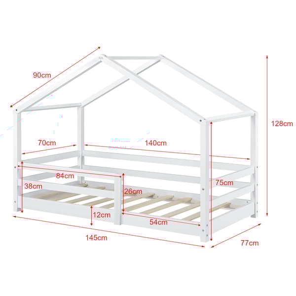 [en.casa]® Barn sängstomme Astrid i "Hus" utförande inkl. ribbotten-145x77x128cm-furu-vit matt (lack)-bäddmått:140x70cm