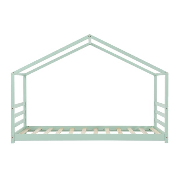 [en.casa]® Barn sängstomme Vardø i "Hus" utförande inkl. ribbotten-206x98x142 cm-furu-mintfärgad-bäddmått:200x90cm