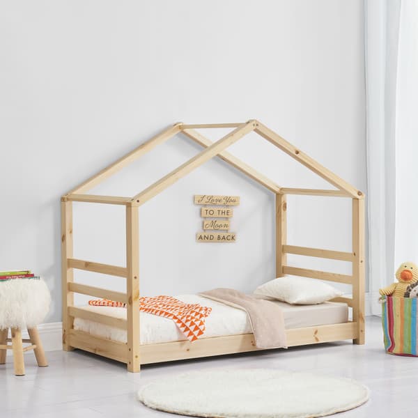 [en.casa]® Børneseng "Hus" med lamelbund - 160x80cm - fyrretræ - naturfarvet