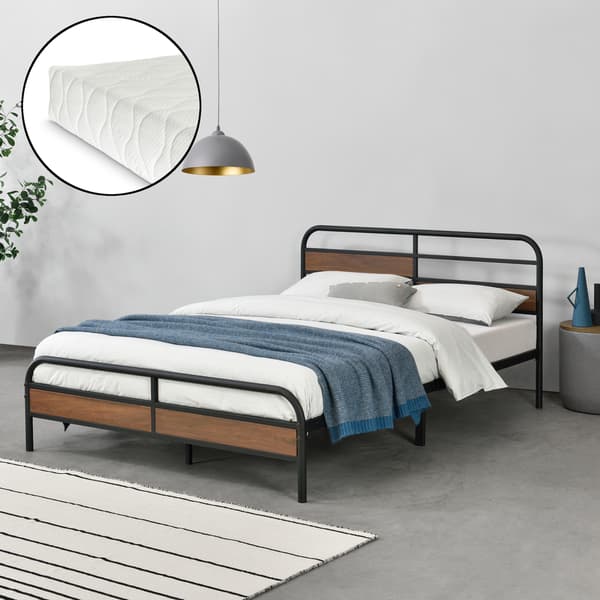 [en.casa]®Sängstomme Aarau i metall inkl. madrass och ribbotten-Bäddmått:200x140cm-Total:207x144x85cm-pulverlackerat stål-spånskiva-svart matt-träfärgade detaljer