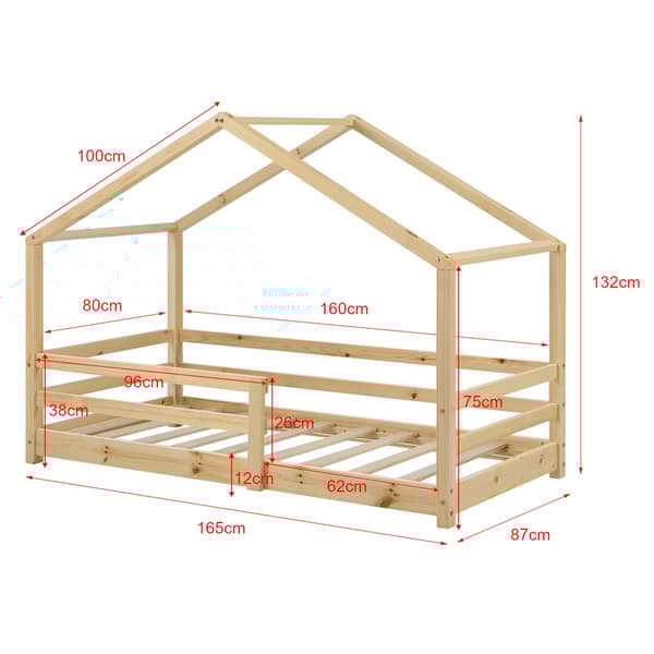 [en.casa]® Barn sängstomme Astrid i "Hus" utförande inkl. ribbotten och-165x87x132cm-furu-bäddmått:160x80cm