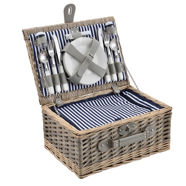 [casa.pro]® Picknickkorg med integrerat kylbox, tallrikar, bestick-set för 4 personer-Blå/Vit-40x28x19cm