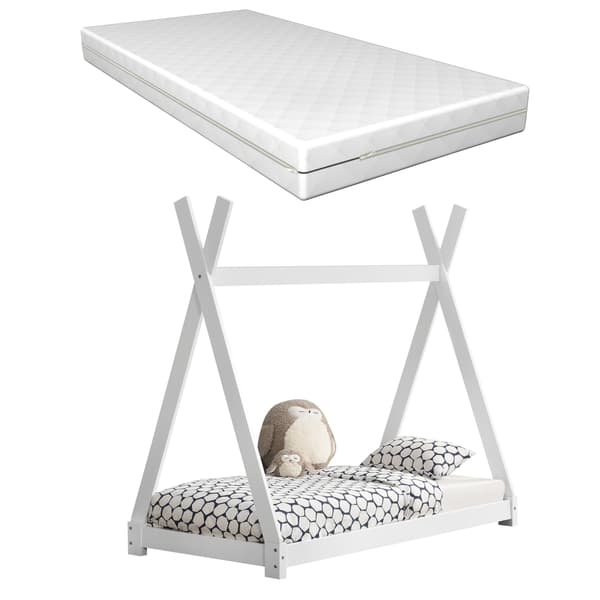 [en.casa]® Barnsäng tipitält inkl. madrass-80x160cm-vit