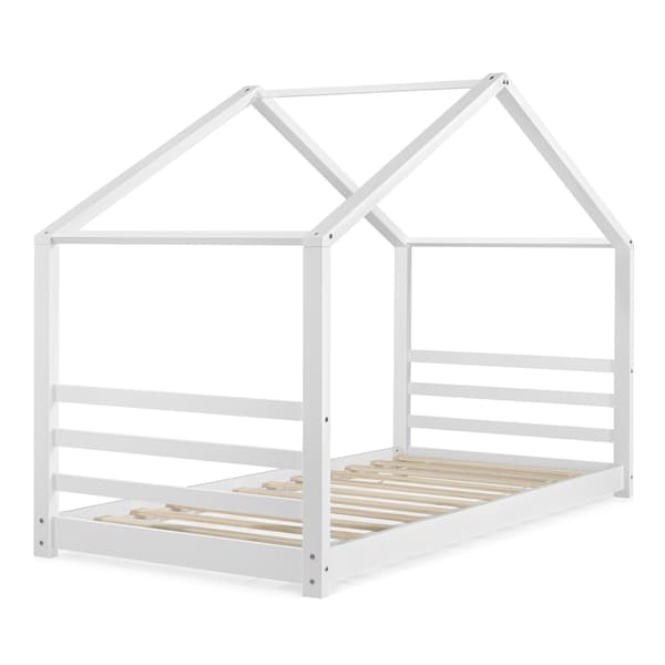 [en.casa]® Børneseng "Hus" med lamelbund - 200x90cm - fyrretræ - hvid (matt)