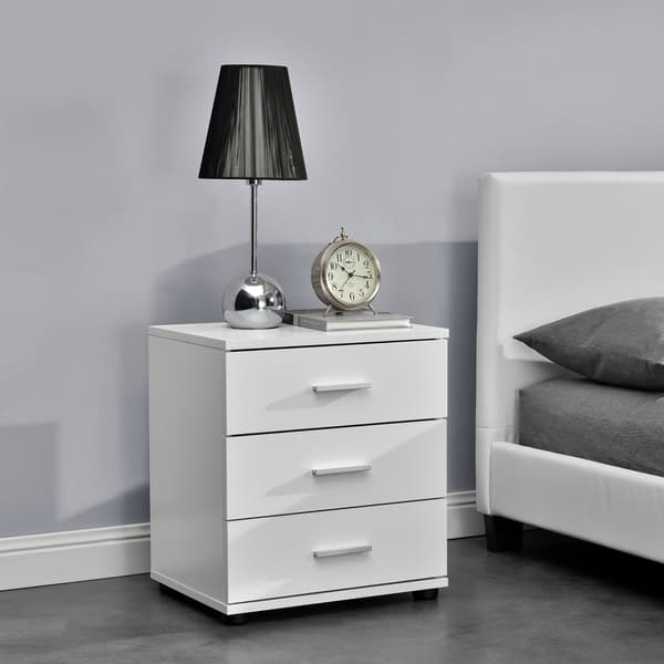 [en.casa]® Sengebord med 3 skuffer-hvid-45x34x50cm