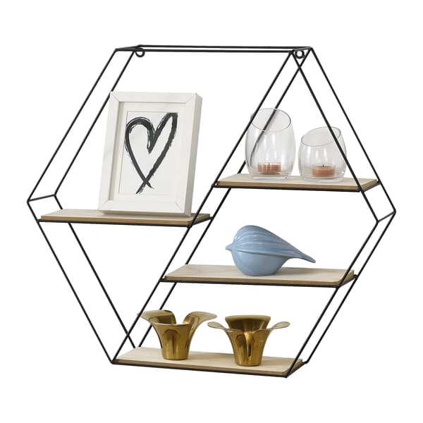 [en.casa] Sexkantig vägghylla-4 hyllplan-62x12x53cm-metall-trä-svart