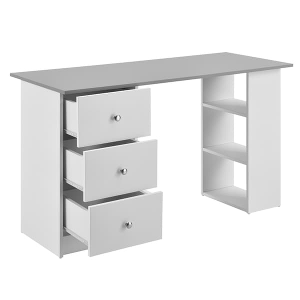 [en.casa]® Skrivbord Lemberg-120x49x72cm-vit-ljusgrå-melaminbelagd spånskiva-med lådor och hyllor