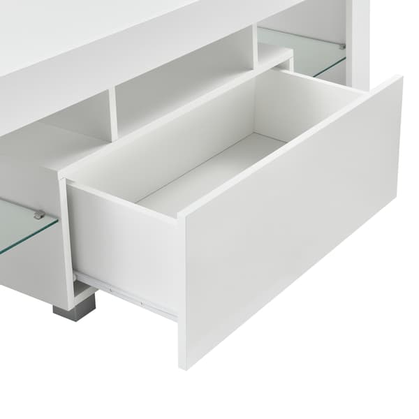 [en.casa]® Tv-bänk Grimsey med LED och fjärrkontroll-hyllplan i glas-öppet fack för dvd-spelare-med låda (högglans vit)-130x35x45cm-melaminbelagd spånskiva-vit