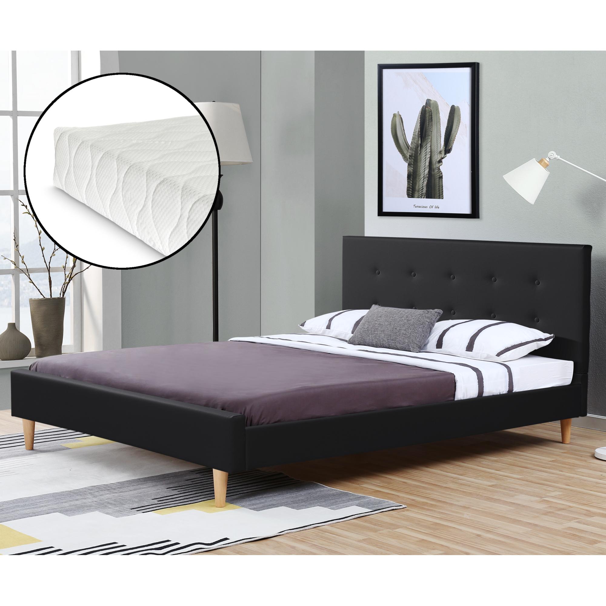 Corium® Klädd sängstomme Estoril inkl. madrass och ribbotten-200x160cm-konstläder-svart-med dekorativa knappar