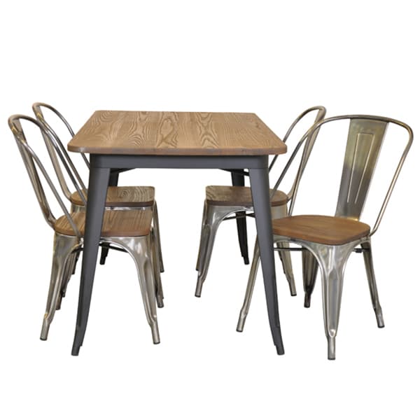Spisestue gruppe metalplade mat sort France bord med topplade i alm og 4 galvaniserede About France stole med alm sæde