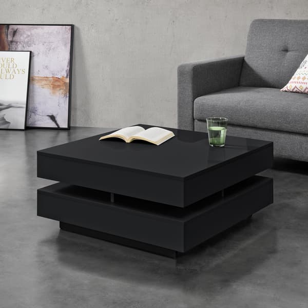 [en.casa]® Soffbord Hüven-75x75x35,5cm-svart högglans-4 förvaringsytor-melaminbelagd spånskiva