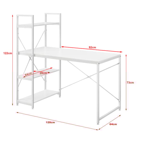 [en.casa]® Skrivbord Stavanger med 4 hyllor-122x120x64cm-stål-melaminbelagd spånskiva-vit