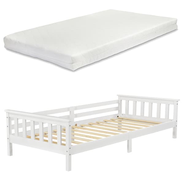 [en.casa]® Barn / Junior sängstomme Nuuk inkl. madrass och ribbotten-209x100x52cm-furu-vit-max.belastning: 100 kg