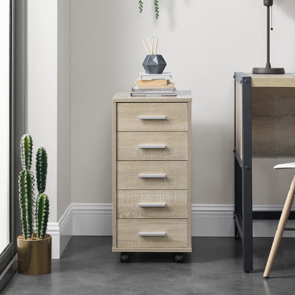 [en.casa]® Kontorsskåp på hjul-63x33x38cm-5 lådor-sonoma ek optik