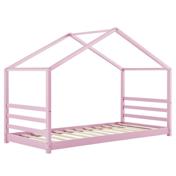 [en.casa]® Barn sängstomme Vardø i "Hus" utförande inkl. ribbotten-200x98x142cm-furu-rosa-bäddmått:200x90cm