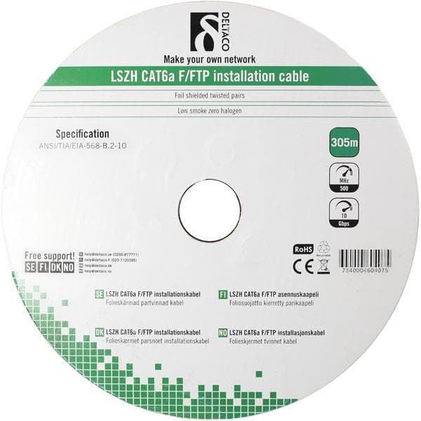 DELTACO F/FTP folieskärmad inst.kabel, Cat6a, LSZH, 305m rulle, vit (TP-51C)