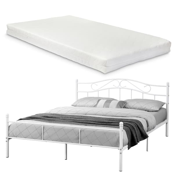 [en.casa]® Sängstomme Florenz i metall med madrass-vit-180x200cm