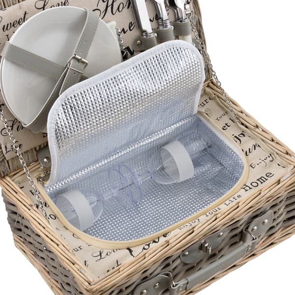 [casa.pro]® Piknik kurv med inkluderet køleboks, tallerkener og bestik - 38x25x16cm - sæt for 2 personer - grå