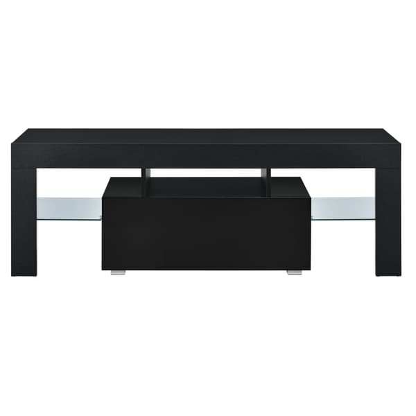 [en.casa]® Tv-bänk Grimsey med LED och fjärrkontroll-hyllplan i glas-öppet fack för dvd-spelare-med låda (högglans svart)-130x35x45cm-melaminbelagd spånskiva-svart
