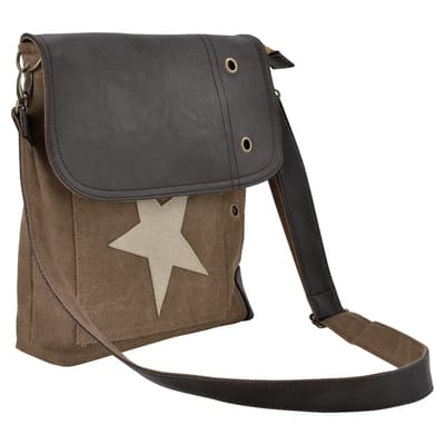 Corium® Hørtaske - 27x30x6cm - mørkebrun med beige stjerne