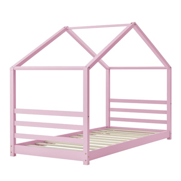 [en.casa]® Barn sängstomme Vardø i "Hus" utförande inkl. ribbotten-200x98x142cm-furu-rosa-bäddmått:200x90cm