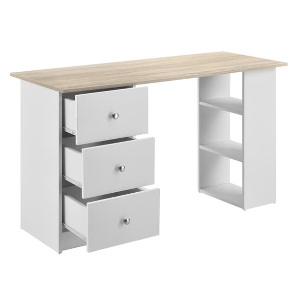 [en.casa]® Skrivebord Lemberg - 120x49x72cm - melaminbelagt spånplade - med skuffer og hylder - hvid/eg