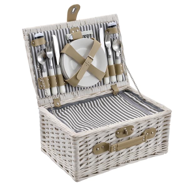 [casa.pro]® Piknik kurv med inkluderet køleboks, tallerkener og bestik - 40x28x19cm - sæt for 4 personer - hvid