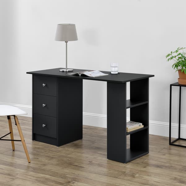 [en.casa]® Skrivbord Lemberg-120x49x72cm-svart-melaminbelagd spånskiva-med lådor och hyllor