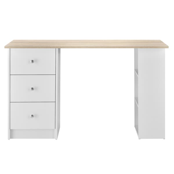 [en.casa]® Skrivebord Lemberg - 120x49x72cm - melaminbelagt spånplade - med skuffer og hylder - hvid/eg