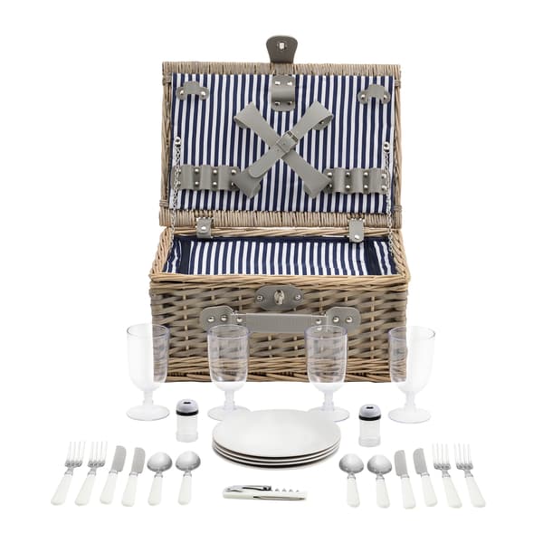 [casa.pro]® Piknik kurv med inkluderet køleboks, tallerkener og bestik - 40x28x19cm - sæt for 4 personer - blå/hvid