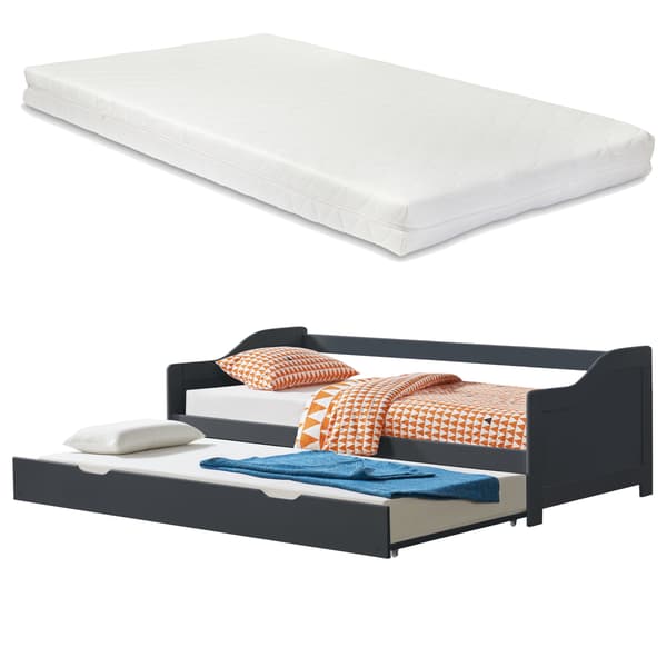 [en.casa] Bäddsoffa med utdragbar undersäng och 2 madrasser-205x97x66cm-furu-mörkgrå
