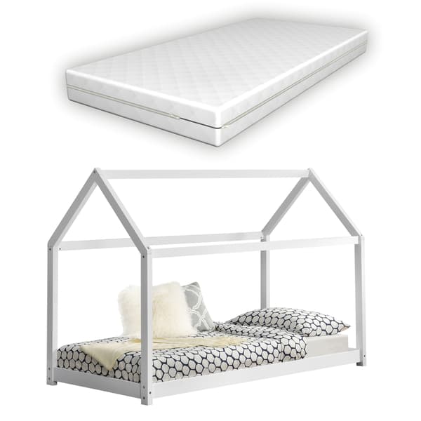 [en.casa]® Barnsäng "Hus" inkl. madrass och ribbotten-146x78x127cm-furu-vit-Bäddmått: 140x70cm-max. belastning: 50 kg