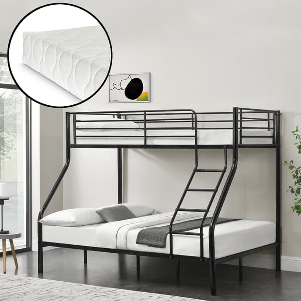 [neu.haus]® Køjeseng ramme af metal inkl. madras - 210x147,5x168cm - plads for 3 - med stig - sort