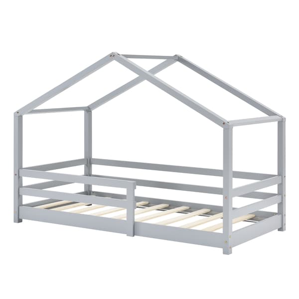 [en.casa]® Barn sängstomme Astrid i "Hus" utförande inkl. ribbotten och-165x87x132cm-furu-ljusgrå-bäddmått:160x80cm