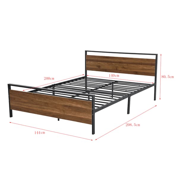 [en.casa]® Sängstomme Finse i metall inkl. ribbotten-Total:208,5x144x80,5cm-Bäddmått:200x140cm-pulverlackerat stål-matt svart-valnöt imitation-max.belastning:300kg