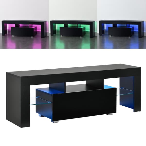[en.casa]® Tv-bänk Grimsey med LED och fjärrkontroll-hyllplan i glas-öppet fack för dvd-spelare-med låda (högglans svart)-130x35x45cm-melaminbelagd spånskiva-svart
