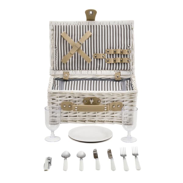 [casa.pro]® Piknik kurv med inkluderet køleboks, tallerkener og bestik - 38x25x16cm - sæt for 2 personer - hvid