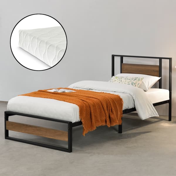 [en.casa]® Sängstomme Villach i metall-200x90cm-svart matt-pulverlackerat stål-spånskiva-träfärgade detaljer