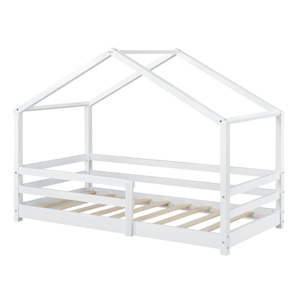 [en.casa]® Barn sängstomme Astrid i "Hus" utförande inkl. ribbotten-145x77x128cm-furu-vit matt (lack)-bäddmått:140x70cm