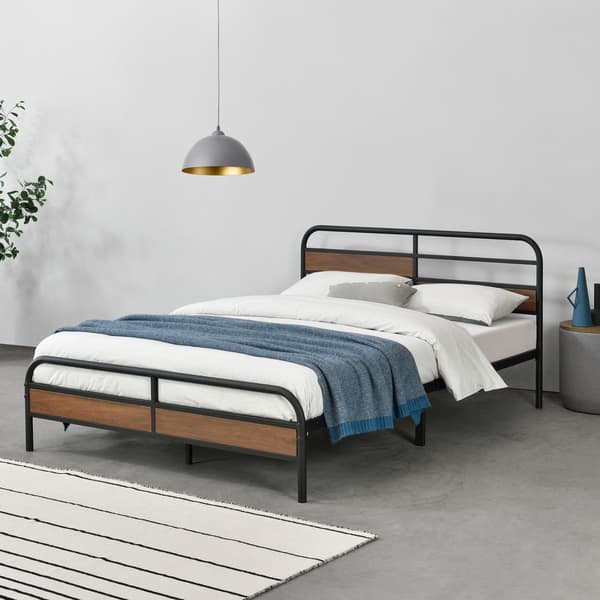 [en.casa]®Sängstomme Aarau i metall-Bäddmått:200x140cm-Total:207x144x85cm-pulverlackerat stål-spånskiva-svart matt-träfärgade detaljer