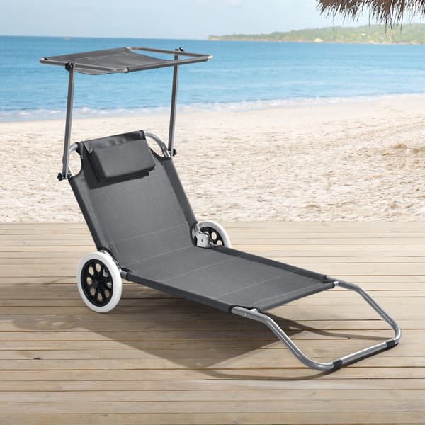 [casa.pro]® Solsäng med tak och hjul-set 2-mörkrå-146x52x15cm-Oxford tyg-4 lägen